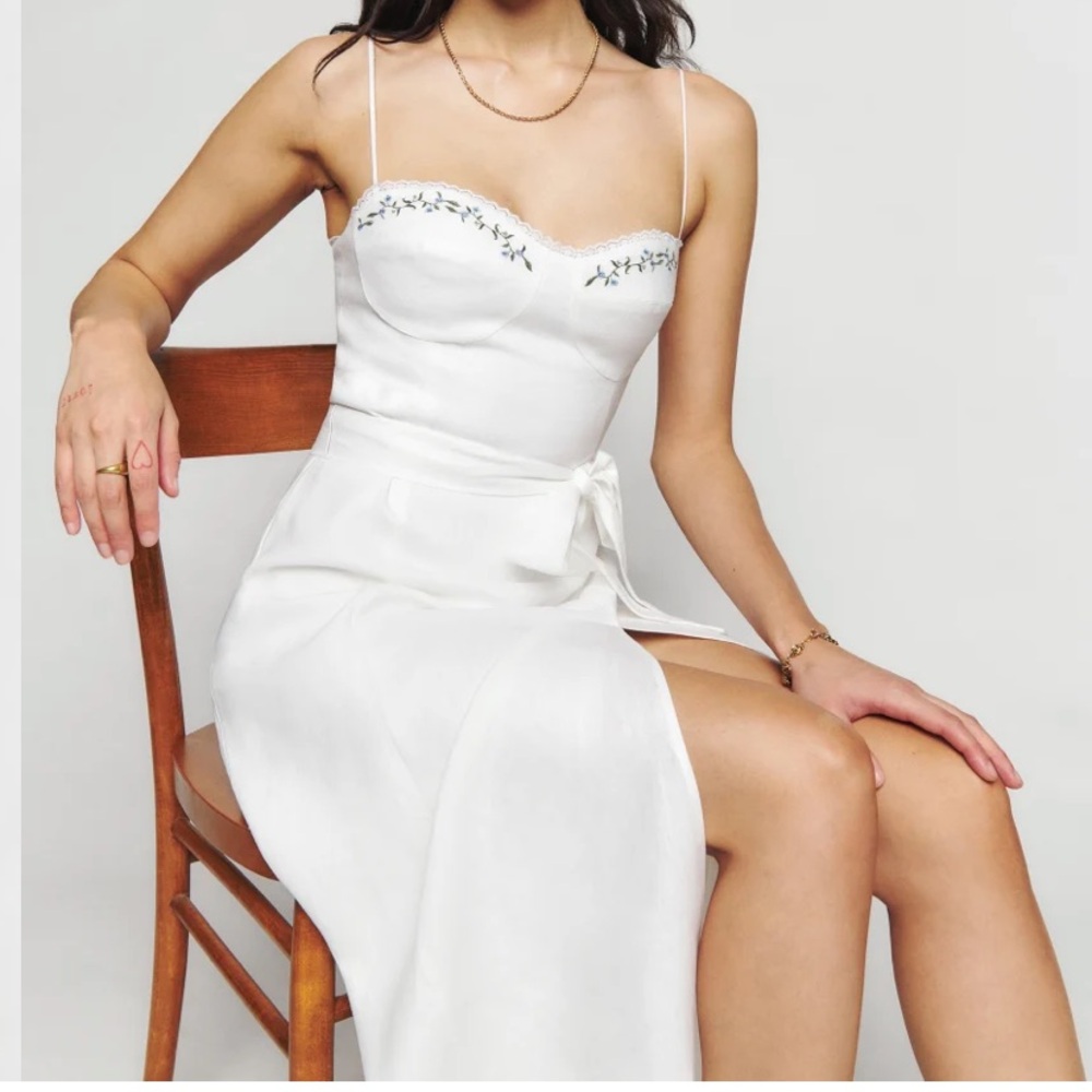 White Spaghetti Strap Satin Dress with Floral Detail